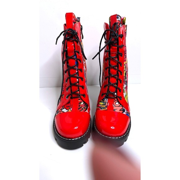 AZALEA WANG Graffiti Pop Art Red Patent Chunky Heel Lace Up Combat Boots  sz 10 - Picture 3 of 7